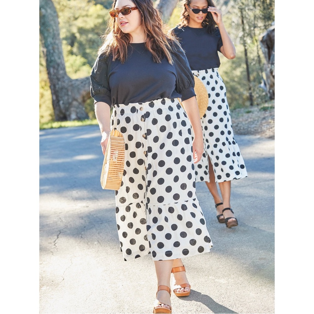 The Get Womens XL Paperbag Waist Skirt Polka Dot Linen Blend Pockets Black White